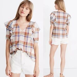 Madewell V-Neck Shoulder Ruffle Sheer Top In Plaid Women's Size XS